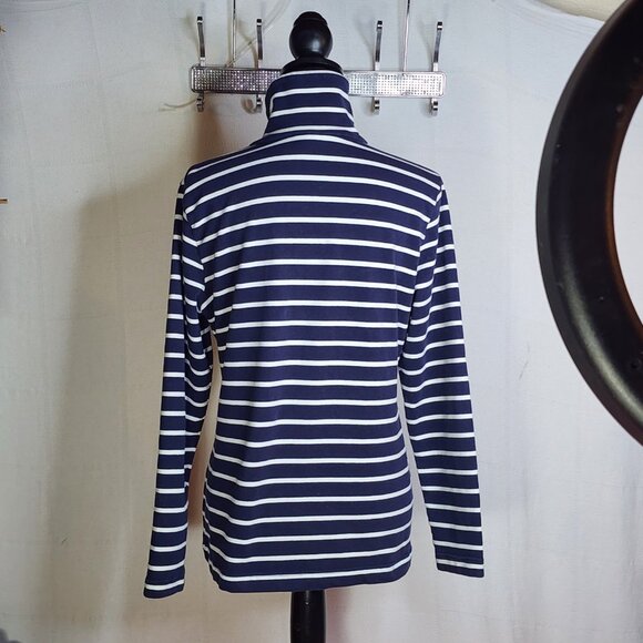 Karen Scott Sport Navy Stripe Cotton Span LS 1/4 Snap Up Stand Collar Top Sz M - Picture 13 of 16